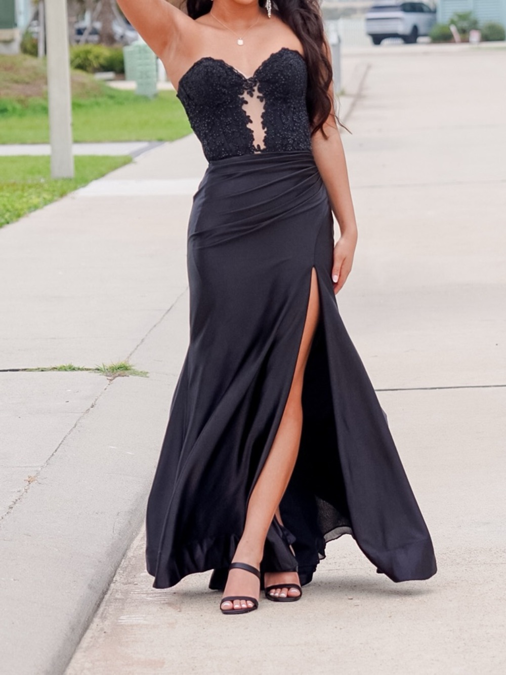 Sherri Hill Black Strapless Satin Prom Dress with High Slit